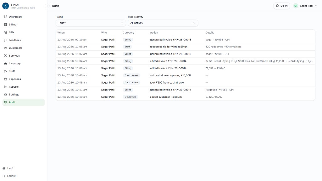 Salon Suite Audit Trail