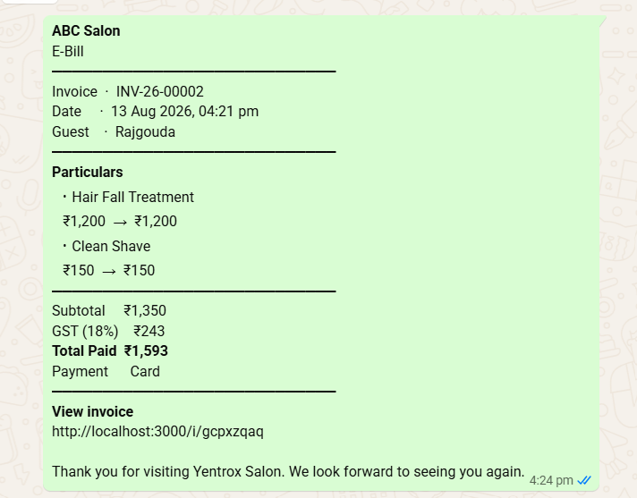 Salon Suite WhatsApp E-bill