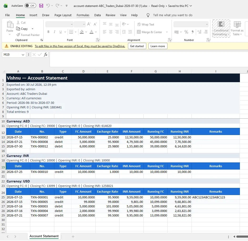 Vishnu Account Statement Export