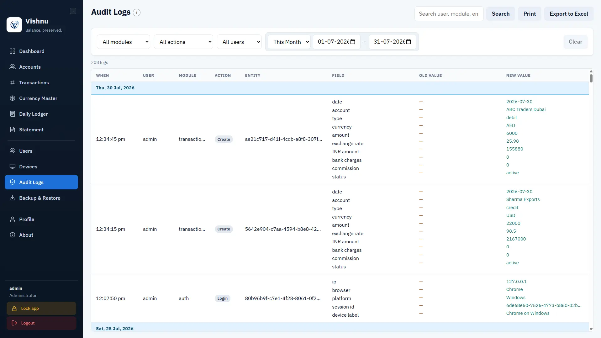 Vishnu Audit Logs