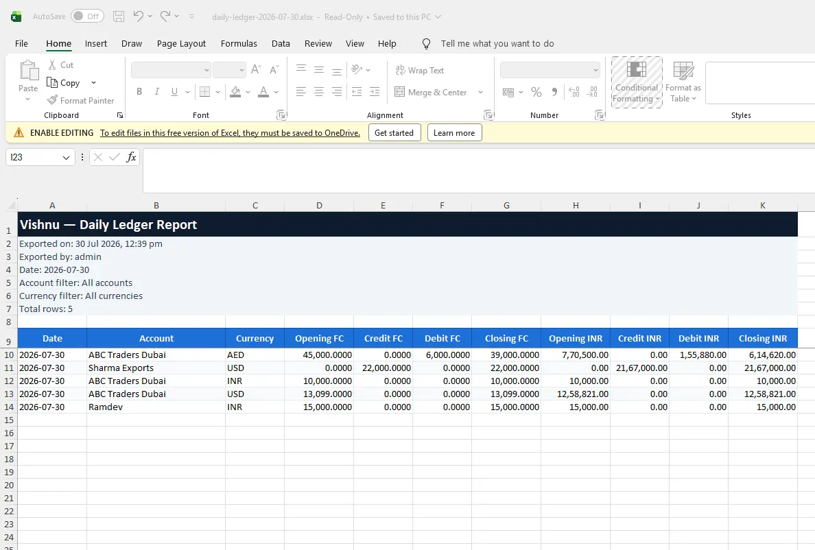 Vishnu Daily Ledger Report Export