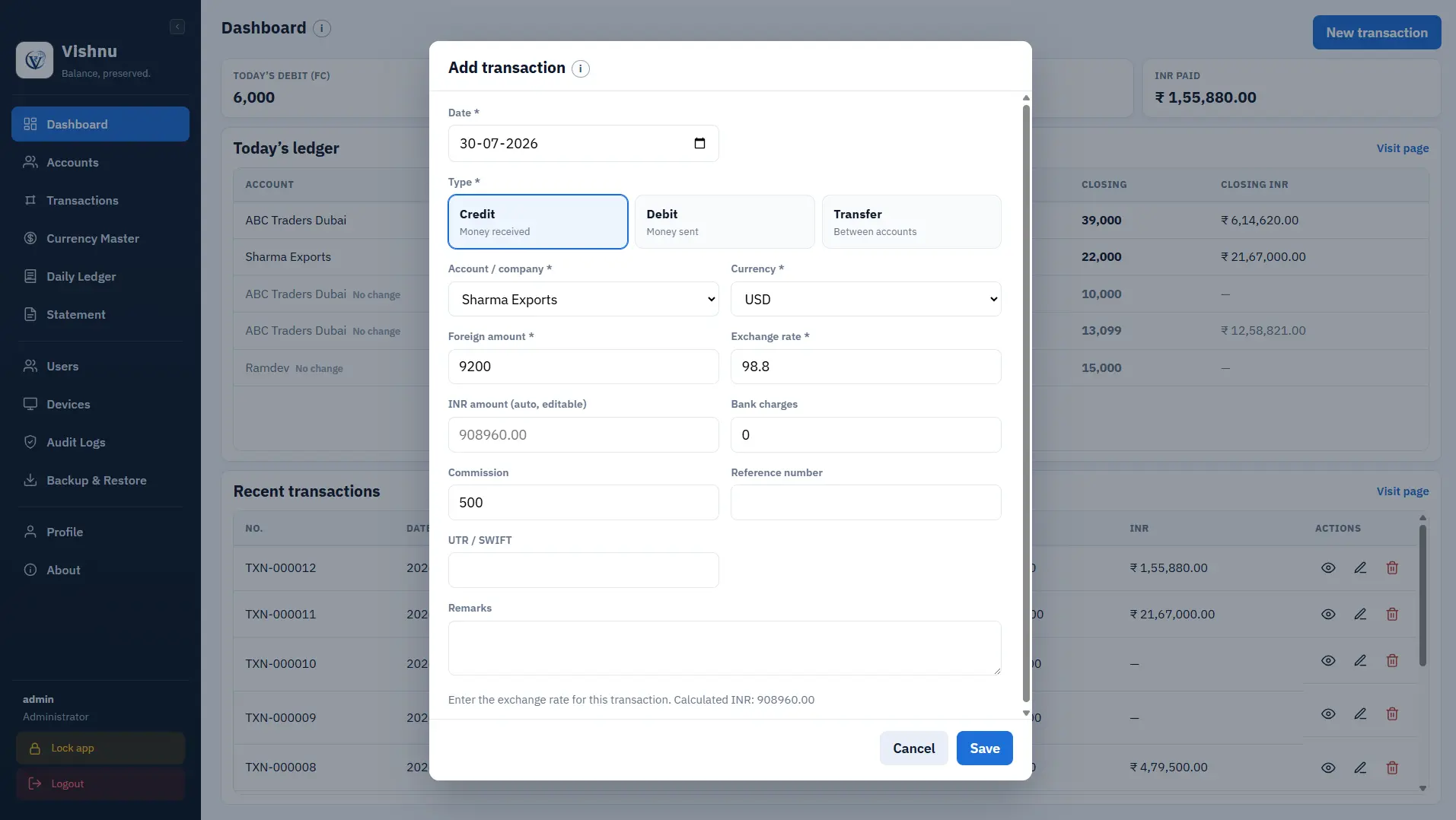 Vishnu Add Transaction